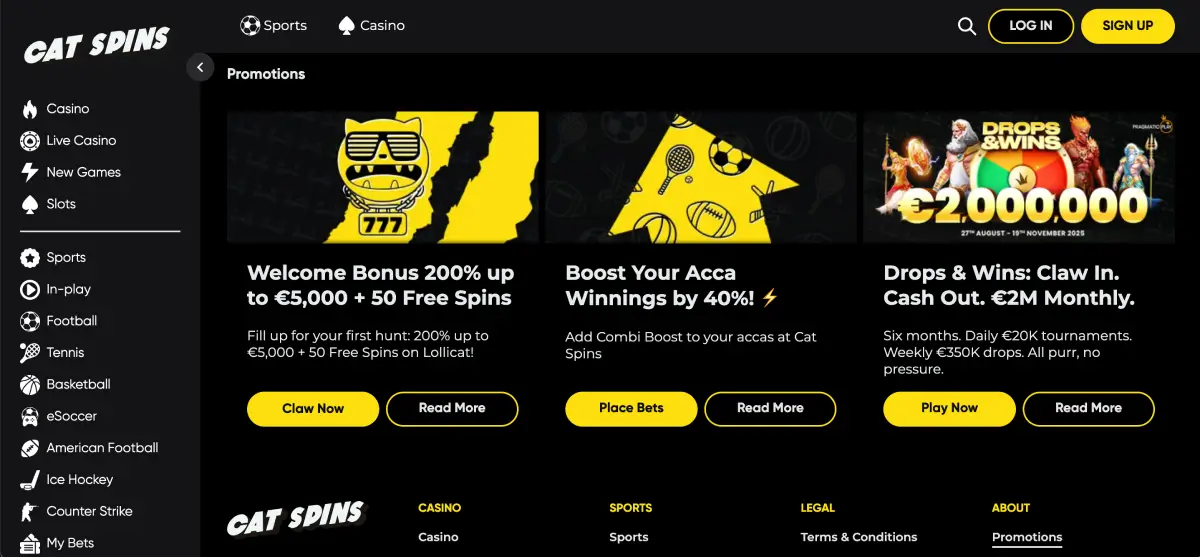 Bonus section featuring welcome and cashback offers at Cat spins