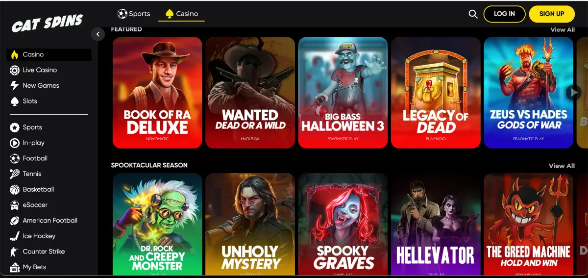 Live dealer games selection at Cat Spins Casino