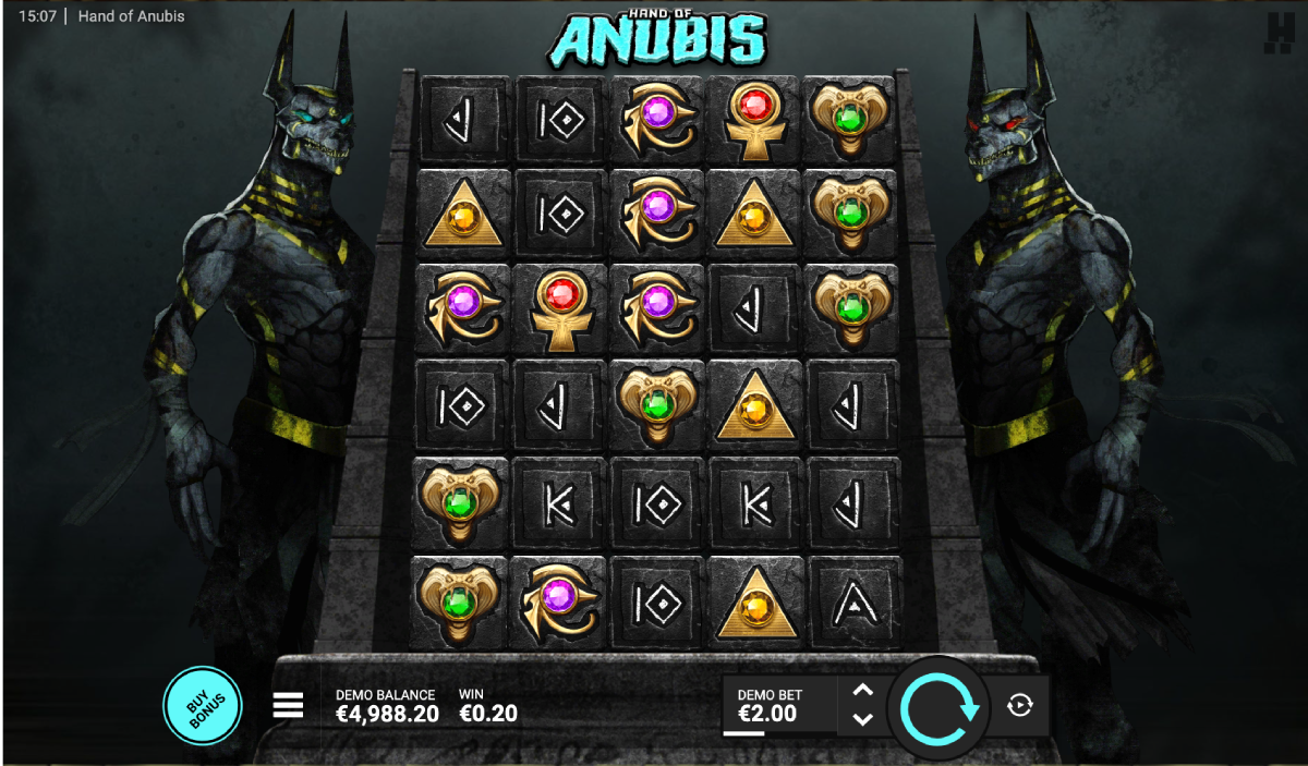 Hand of Anubis Judgement bonus featuring skull modifiers and cascading blocks