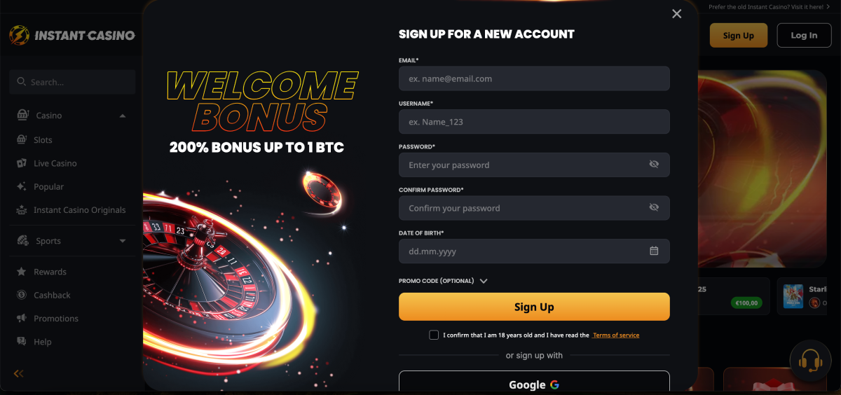 Instant Casino welcome bonus promotion displaying 200 percent match up to 7500 EUR