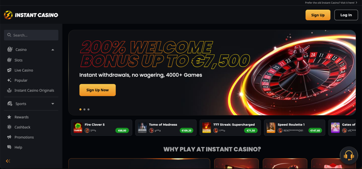 Instant Casino homepage interface showing game lobby with slots and table games