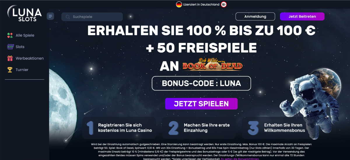 Overview of Luna Casino homepage and design