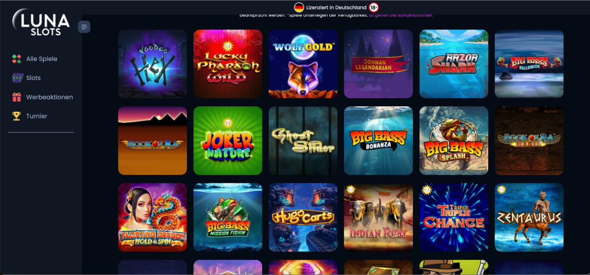 Luna casino Slot library with game providers and filters