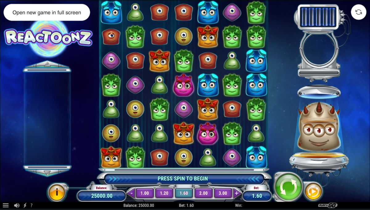 Reactoonz slot 7×7 grid with colourful alien symbols