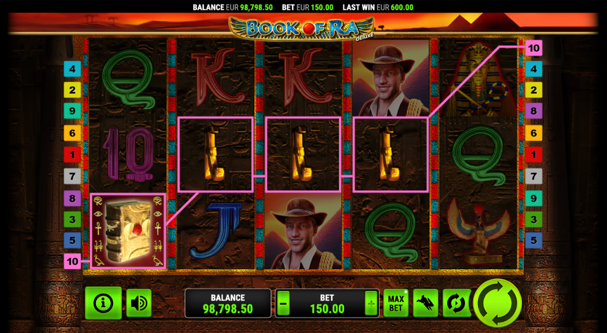 Book of Ra Deluxe Paytable screen highlighting explorer and book symbols