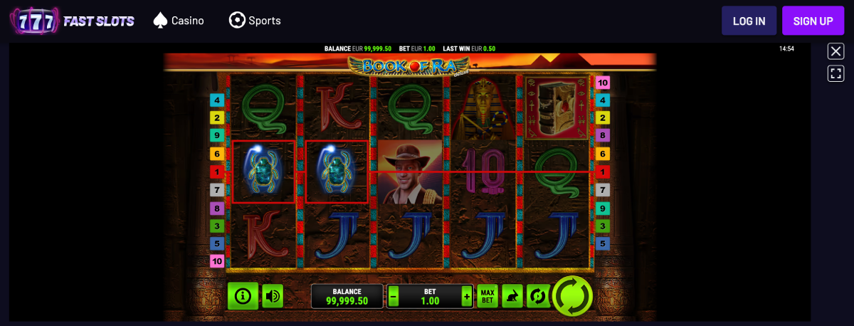 Book of Ra Deluxe slot interface showing 5×3 reels and Egyptian symbols