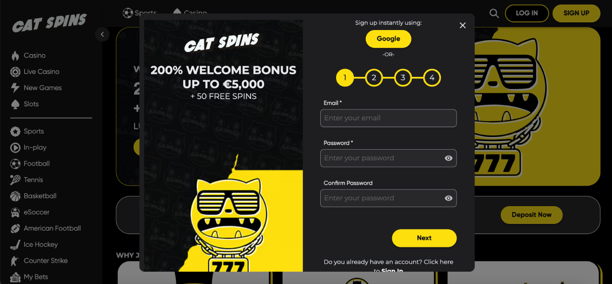 Registration form showing Google login and email steps Registration form showing Google login and email steps