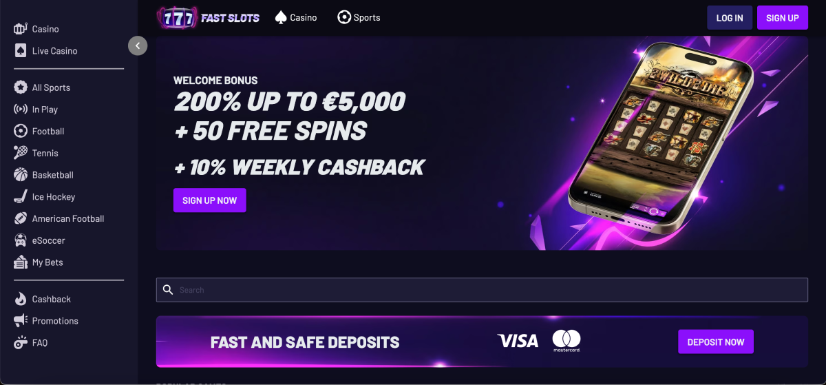 Overview of the Fast Slots casino homepage layout