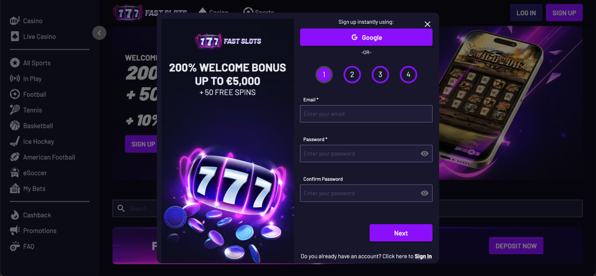 Account creation steps at Fast Slots