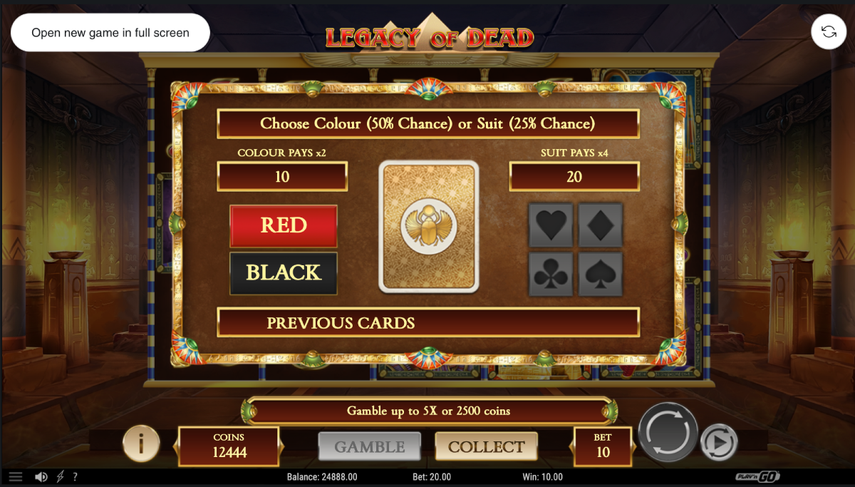 Legacy of Dead Gamble feature displaying red and black card options
