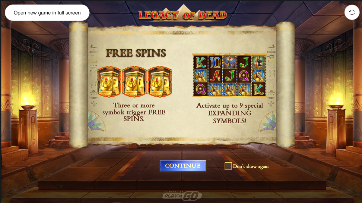 Legacy of Dead slot showing 5×3 reels inside Egyptian tomb