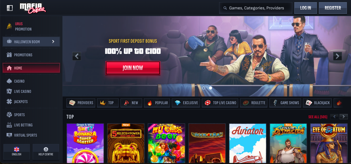 Overview of Mafia Casino homepage and design