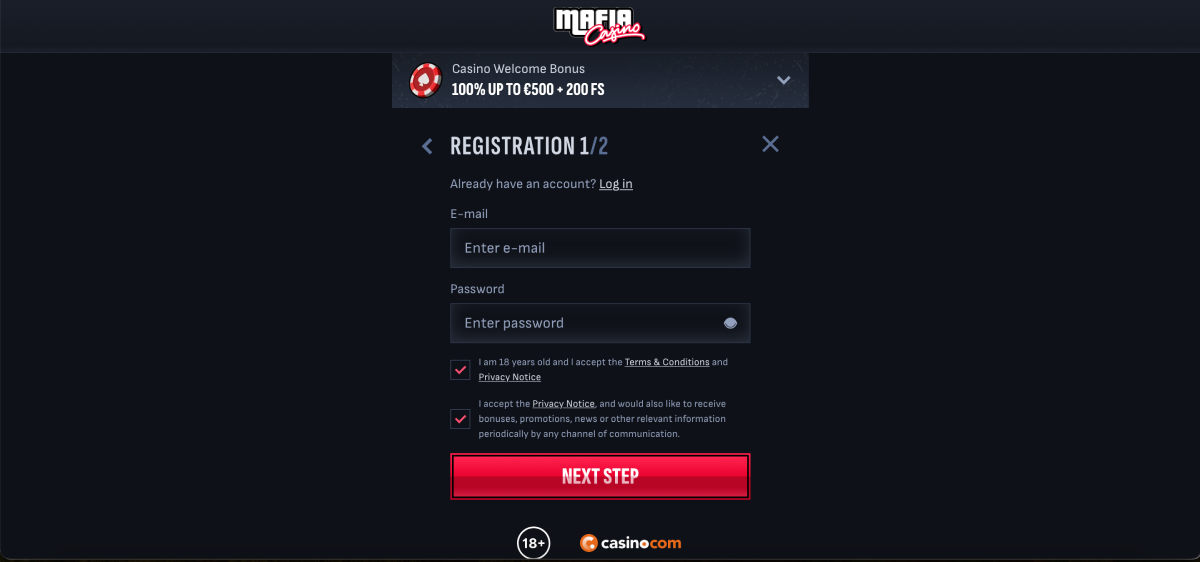 Mafia Casino Registration form example with welcome bonus section
