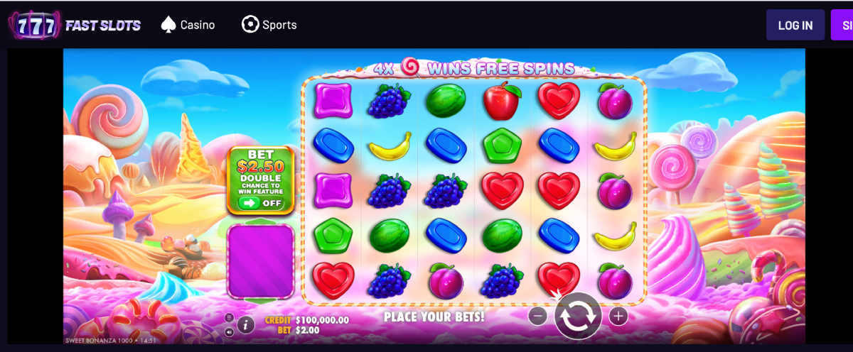 Sweet Bonanza 1000 slot overview with 6×5 grid and fruit symbols
