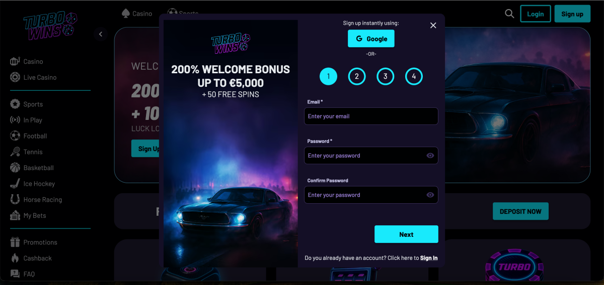 Turbo Wins Casino registration form and bonus popup with 200% offer