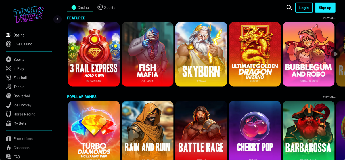 Turbo Wins Casino popular slots selection with bright game icons