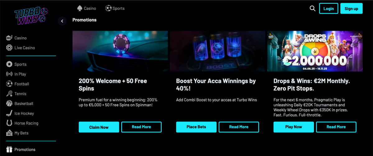 Turbo Wins Casino homepage featuring secure fast deposits and live sports betting