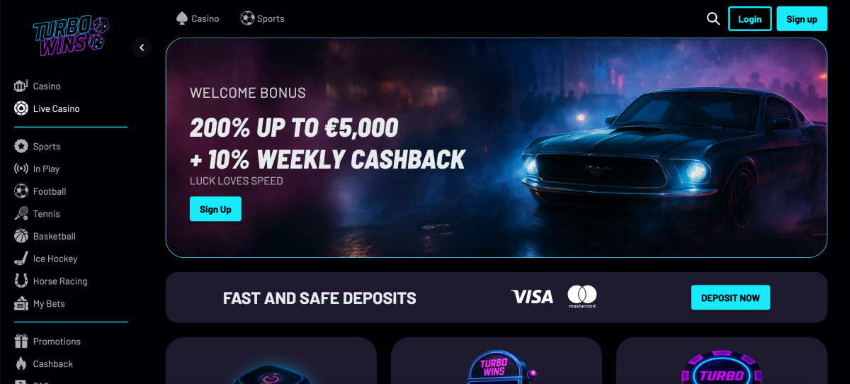 Turbo Wins Casino main promotions page with welcome bonus and cashback offers